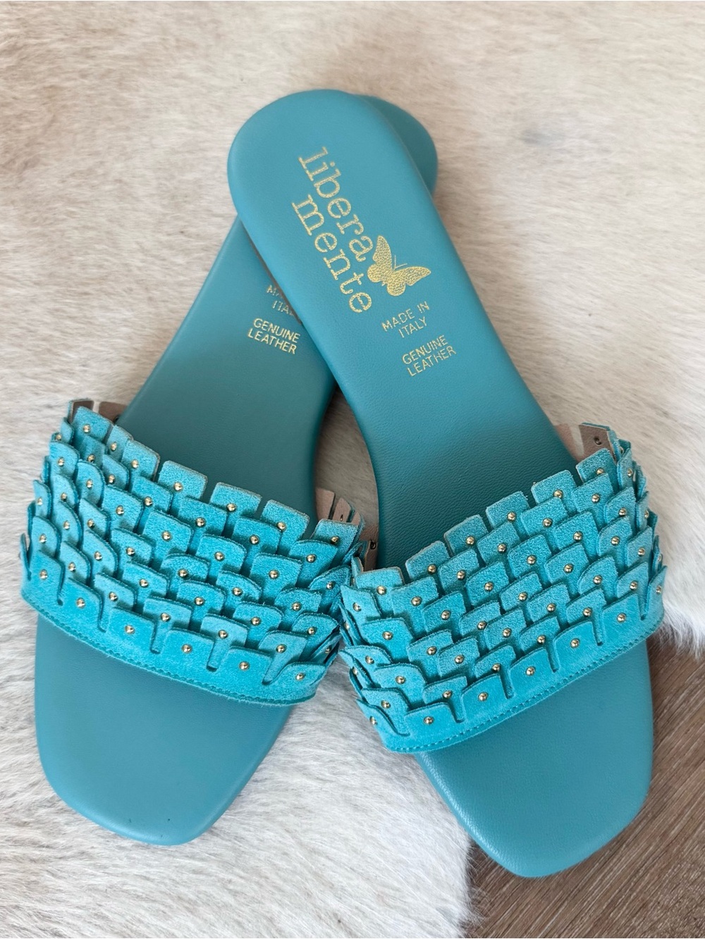Libera Mente Made in Italy Leather Turquoise Flats with Gold details 8